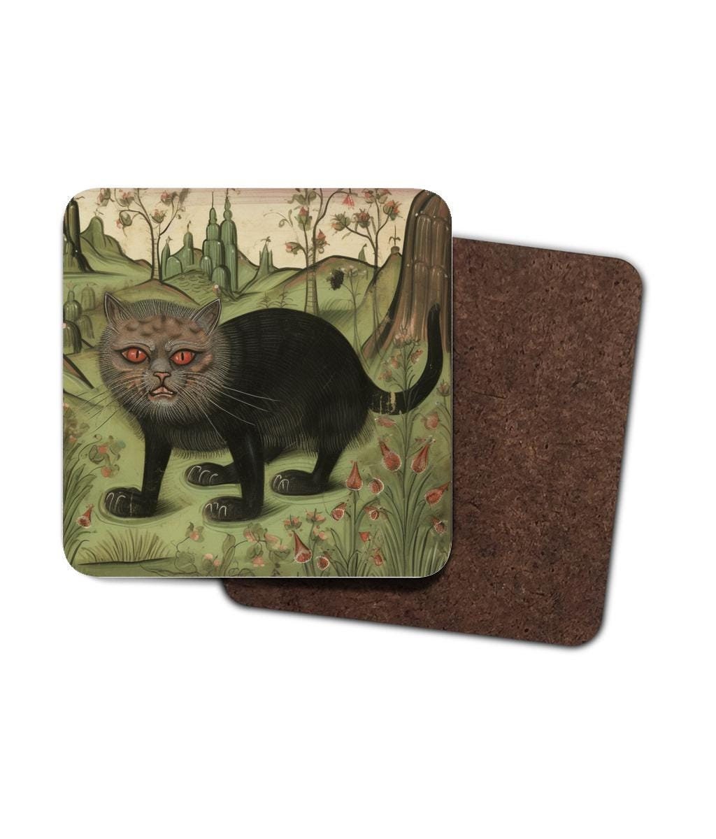 Medieval cat coasters, primitive art home decor, gifts for cat lovers, medieval marginalia coasters, quirky feline gift