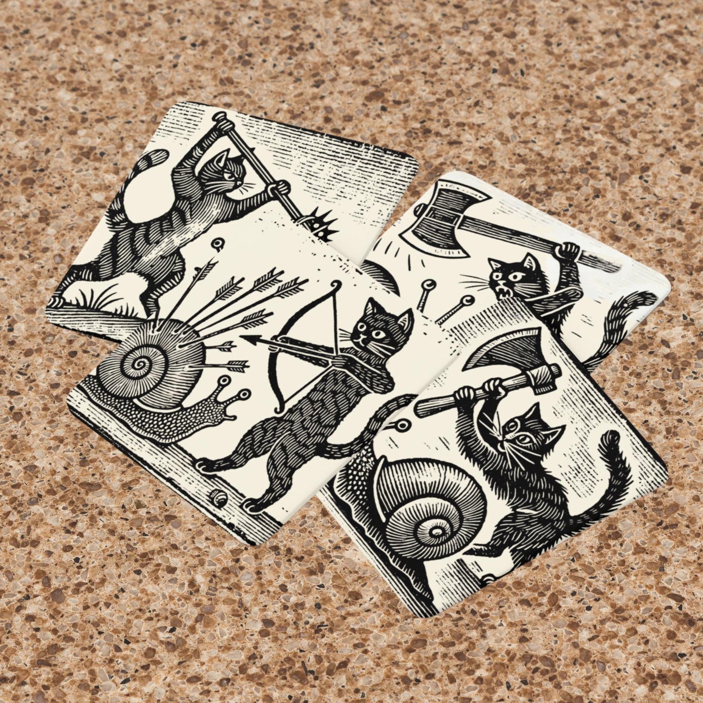 Vintage-style coasters, cats in combat, humorous coaster set, snail art design, medieval woodcut art