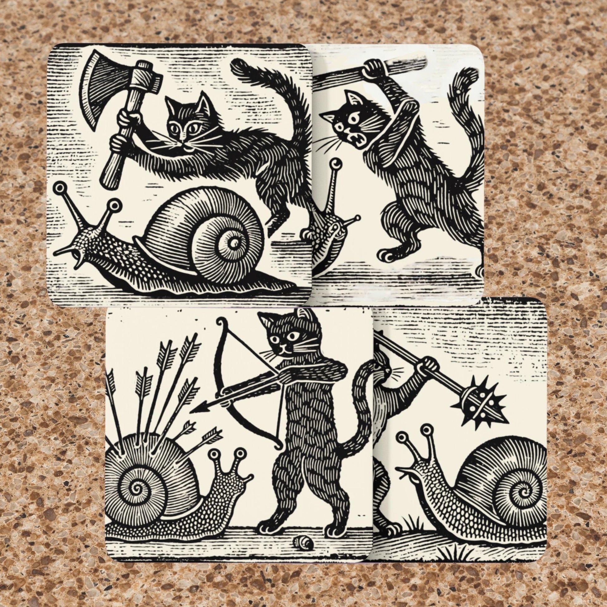 Cat dad gift, cat mom gift, Creative cat coaster set, snail combat art, artistic coasters with cats, unique medieval gifts, humorous home décor