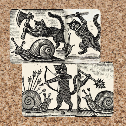Cat dad gift, cat mom gift, Creative cat coaster set, snail combat art, artistic coasters with cats, unique medieval gifts, humorous home décor