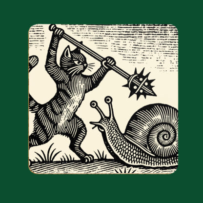 Marginalia-inspired coasters, whimsical cat illustrations, medieval art coasters, quirky gift idea, feline battle art