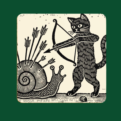 Set of coasters featuring a series of medieval-style battles between cats and snails in black-and-white illustrations