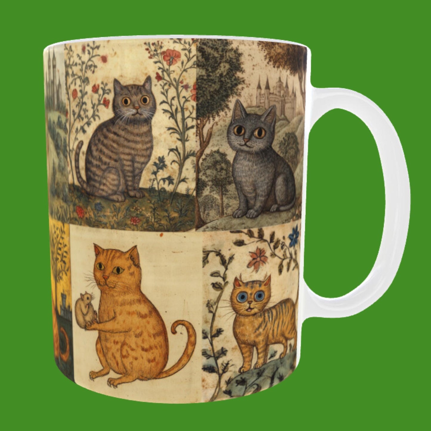 Medieval cats mug, marginalia art mug, historical cat mug, medieval manuscript cats, quirky cat gifts.