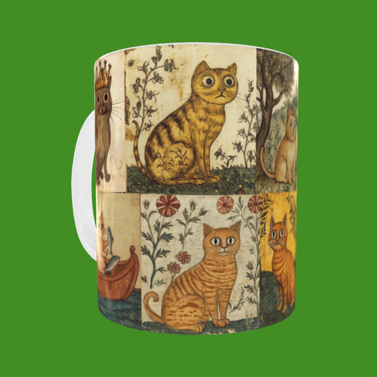 TheHumFromTheHill medieval cat mug, Cat marginalia mug, medieval manuscript design, medieval art, cat art mug