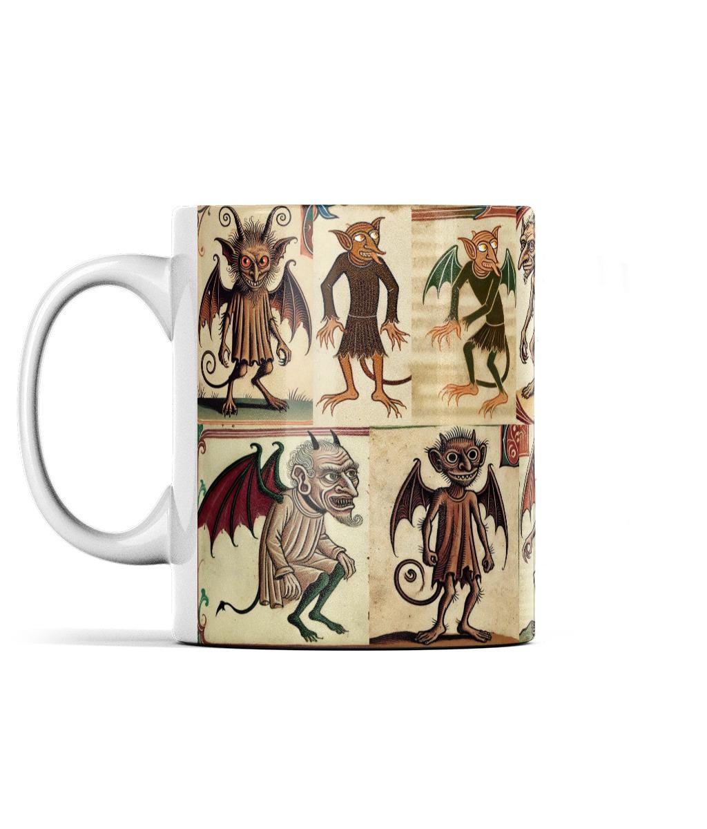 Medieval imps mug, illuminated manuscript mug, quirky coffee mug, supernatural design gift, medieval art mug. Weird stuff.