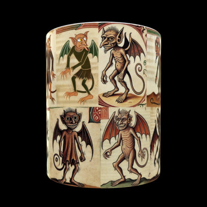 Medieval creature art, whimsical imp illustration, primitive manuscript mug, early medieval design mug, historical art gift