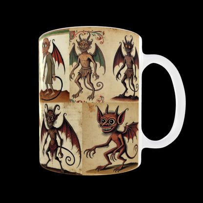 wicca mug, witchy gift, witch and devil woodcut, Handmade medieval art, weird coffee mug, grotesque imp design, fantasy folklore mug, illuminated manuscript creature