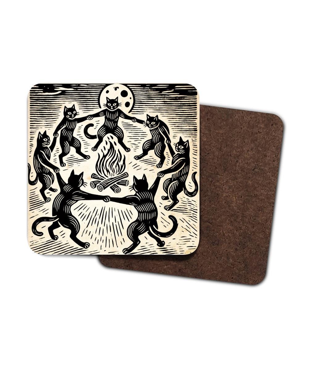 Gothic coasters with 8 black cats dancing in a circle around a fire, full moon overhead, woodcut style. Ideal for lovers of the occult and mystical vibes