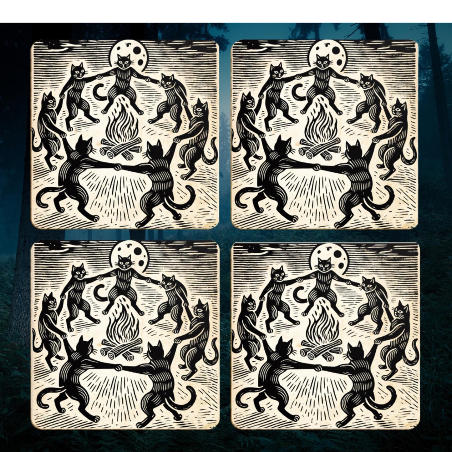Set of 4 coasters featuring black cats holding paws and dancing around a bonfire under a full moon in a woodcut-style design. Perfect for fans of gothic, witchy décor