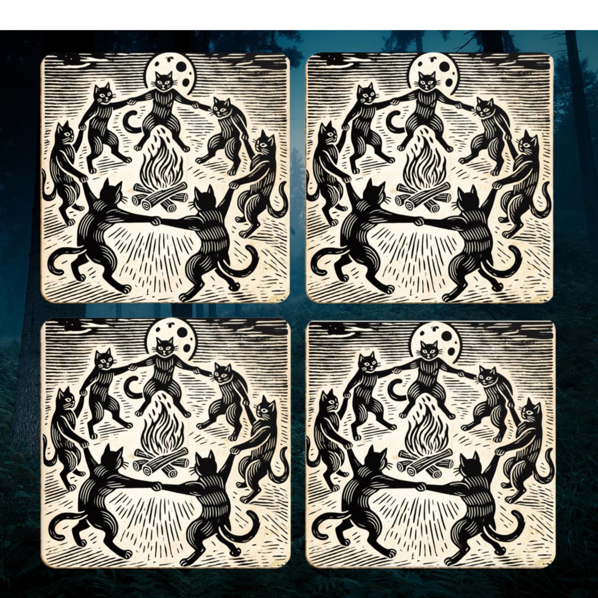 Set of 4 coasters featuring black cats holding paws and dancing around a bonfire under a full moon in a woodcut-style design. Perfect for fans of gothic, witchy décor