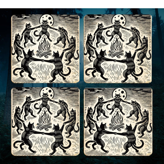 Set of 4 coasters featuring black cats holding paws and dancing around a bonfire under a full moon in a woodcut-style design. Perfect for fans of gothic, witchy décor