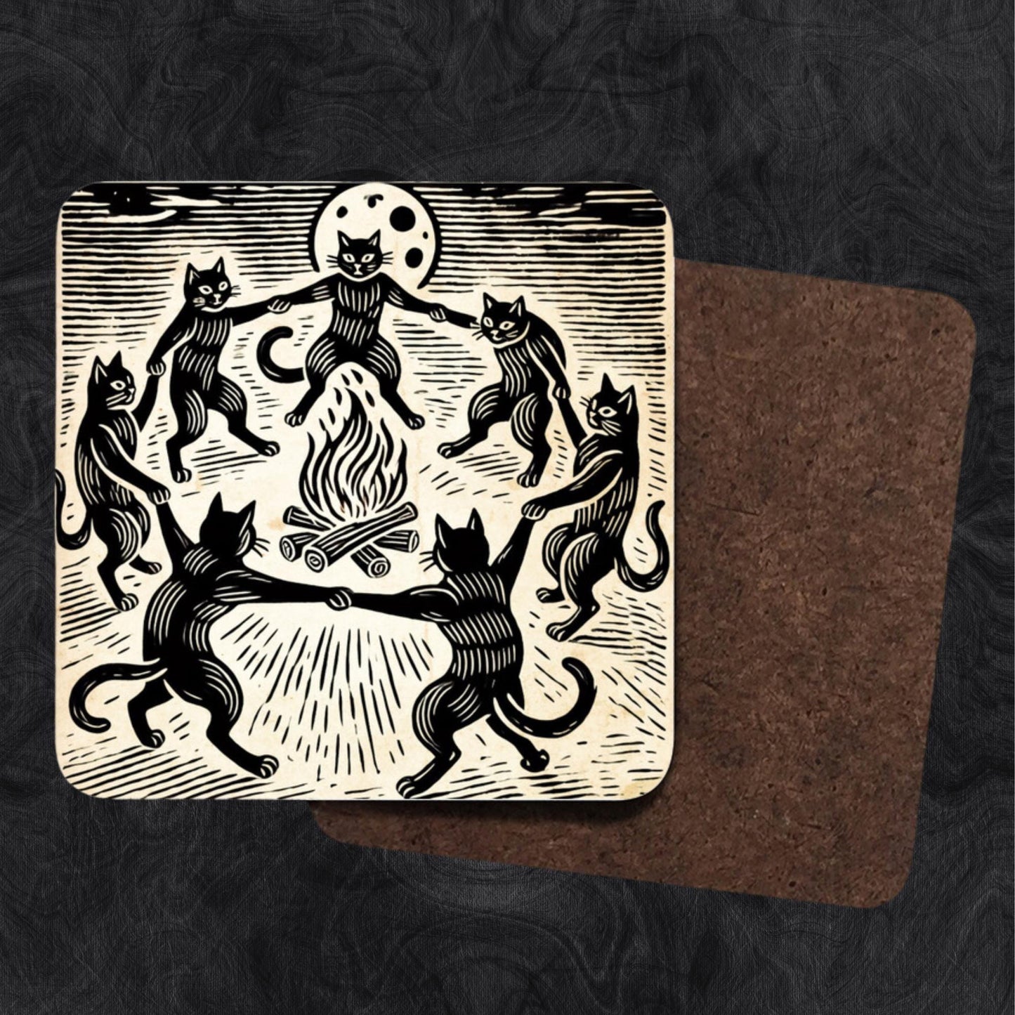 Woodcut-style coasters with black cats holding paws, dancing around a fiery bonfire under a full moon. A must-have for those into witchy, occult, and eerie decor.