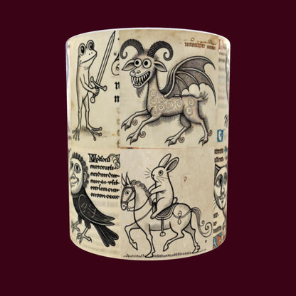 medieval art mug, funny medieval creatures, ceramic medieval gifts, quirky designs for mugs, weird animal gifts
