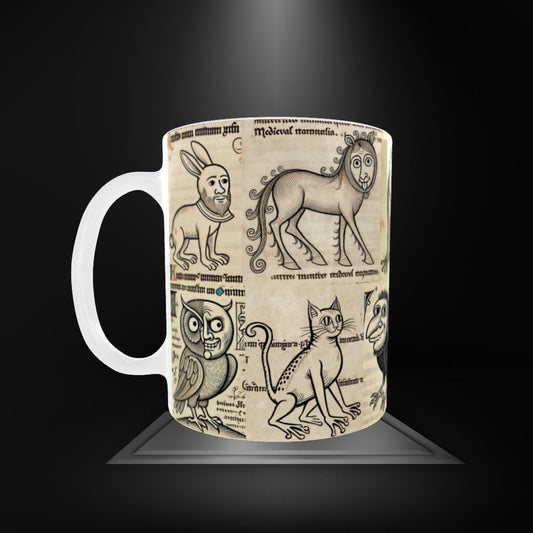 medieval marginalia art mug, quirky animal illustrations, unique ceramic mug, historical art gifts, medieval creatures