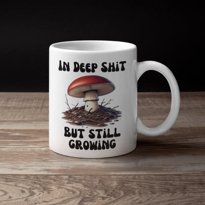 Quirky mushroom-themed mug with a funny life quote perfect for coffee and tea lovers