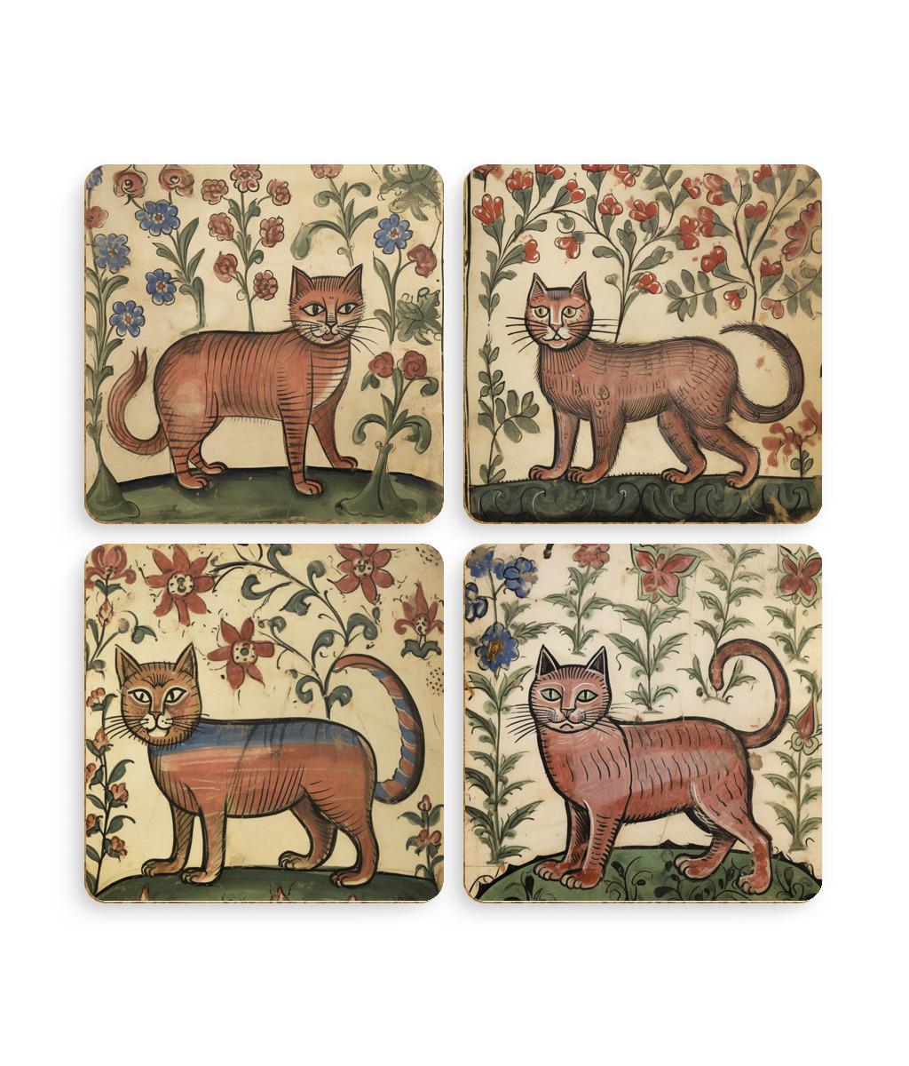 unique cat coasters, medieval illustration style, decorative coaster set, historical art design, whimsical cat homeware