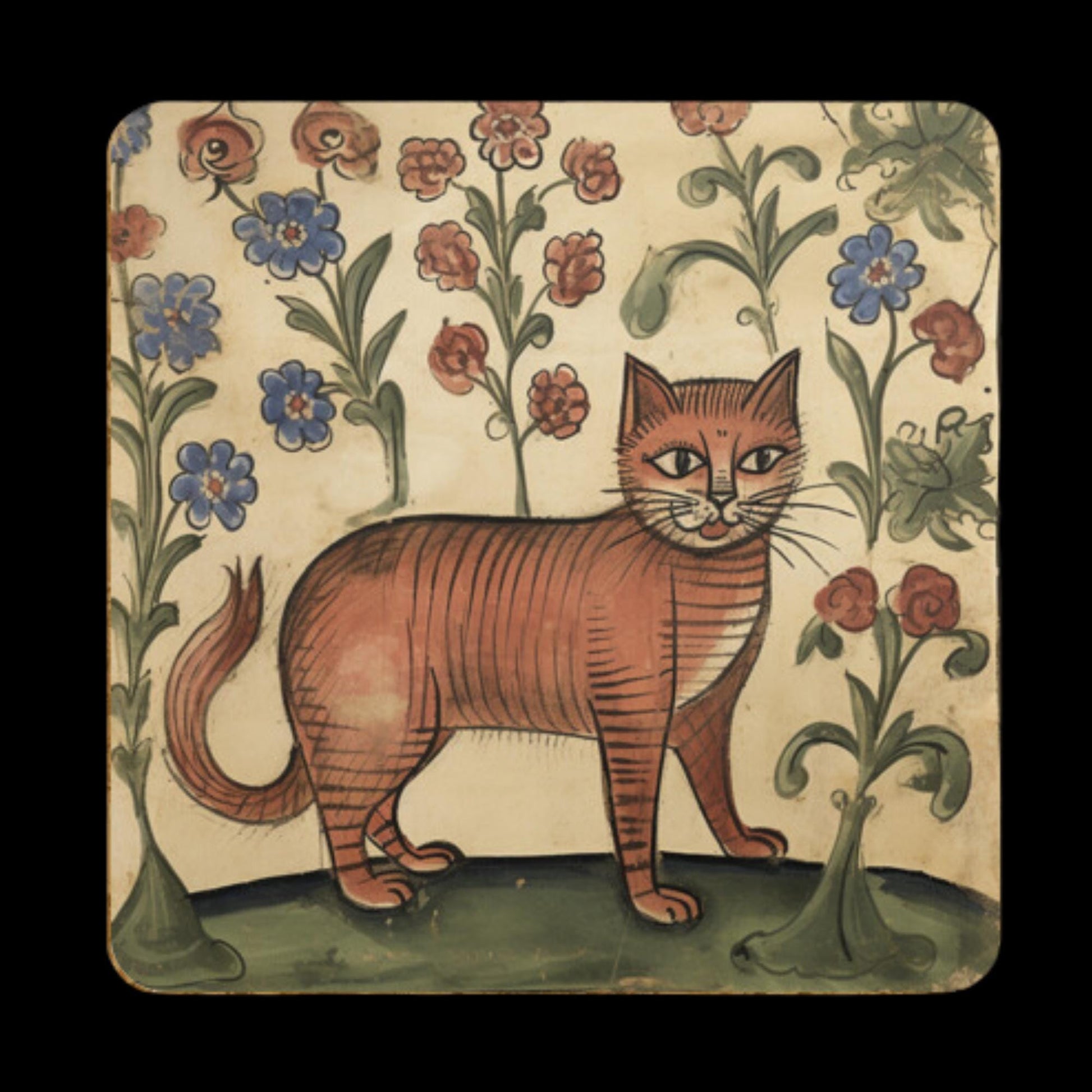 unique medieval coasters, illustrated cat designs, historic style coasters, floral pattern decor, quirky art gifts