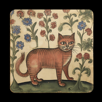 unique medieval coasters, illustrated cat designs, historic style coasters, floral pattern decor, quirky art gifts