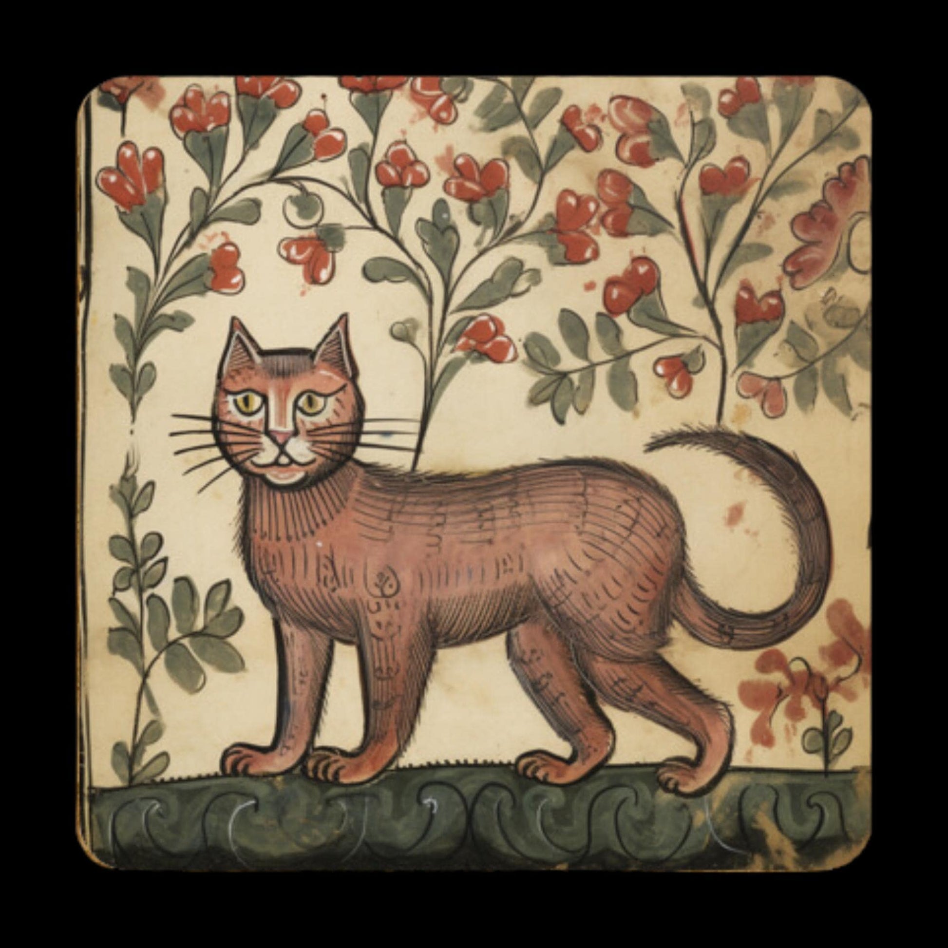 cat dad gift, cat mum gift, medieval art decor, ancient manuscript coasters, floral cat art, quirky home accessories, vintage style homeware