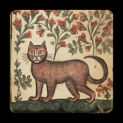 cat dad gift, cat mum gift, medieval art decor, ancient manuscript coasters, floral cat art, quirky home accessories, vintage style homeware