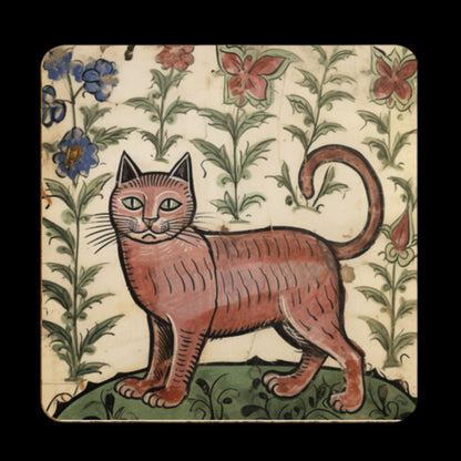 artistic cat coasters, illuminated art coasters, medieval-inspired decor, floral design homeware, decorative gift set