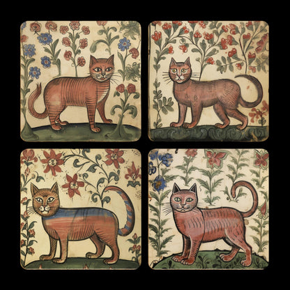 cat lover gift set, medieval cat decor, historical art-inspired coasters, vintage floral design, quirky home essentials