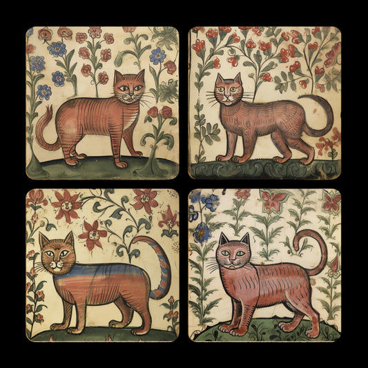 cat lover gift set, medieval cat decor, historical art-inspired coasters, vintage floral design, quirky home essentials