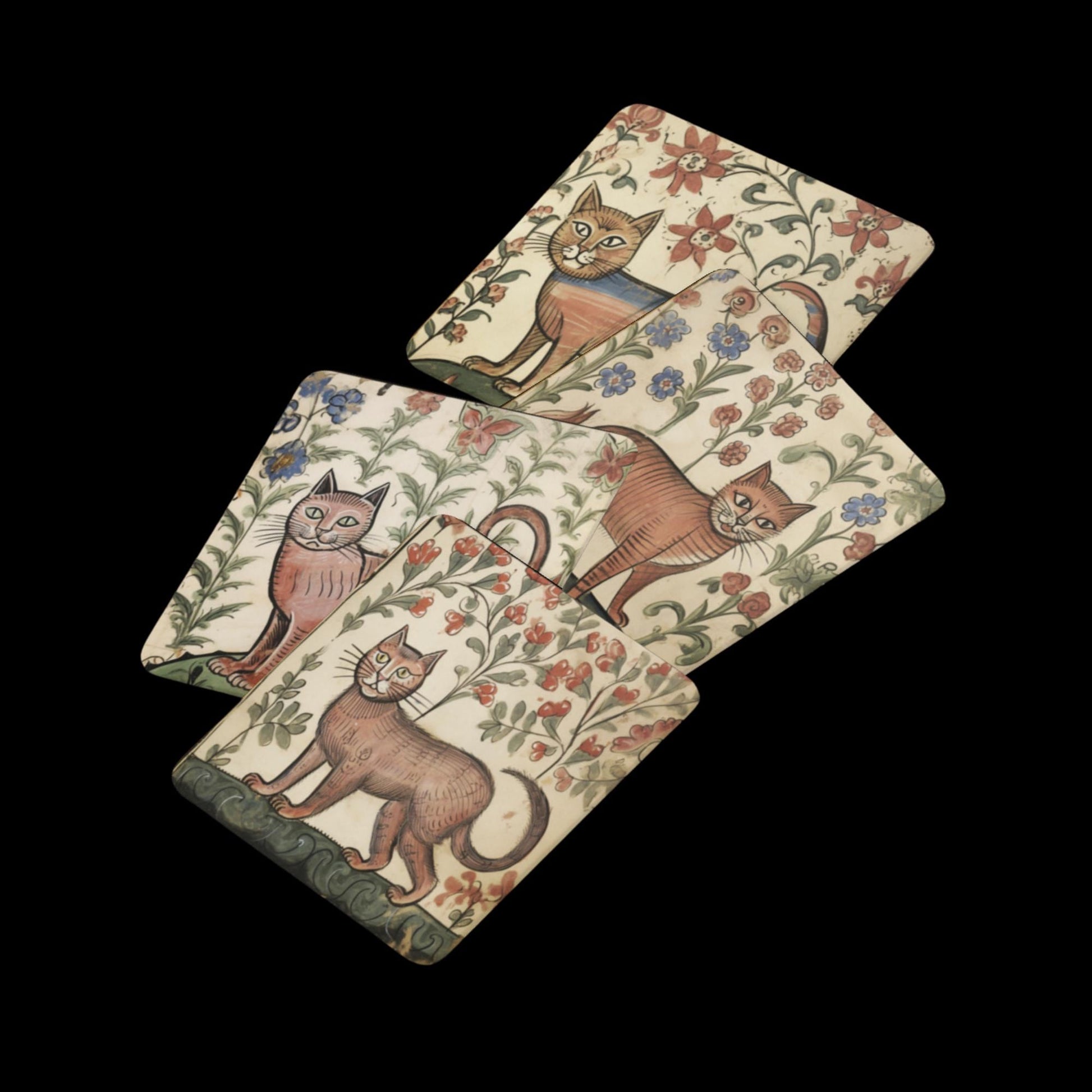 loral pattern coasters, medieval-inspired homeware, illustrated cat coasters, old-world charm decor, quirky home gifts
