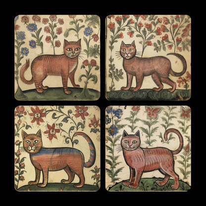 historic art coasters, whimsical cat design, medieval manuscript cats, gift for cat lovers, ancient art decor
