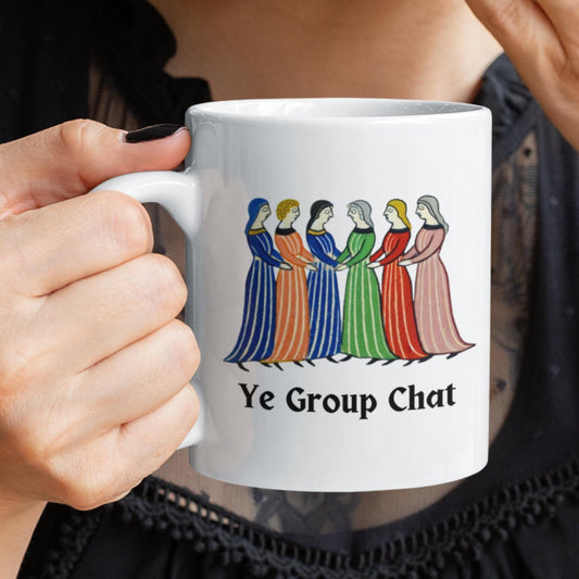 funny office mug, medieval manuscript mug, humorous coffee mug, unique gift idea, group chat humour.