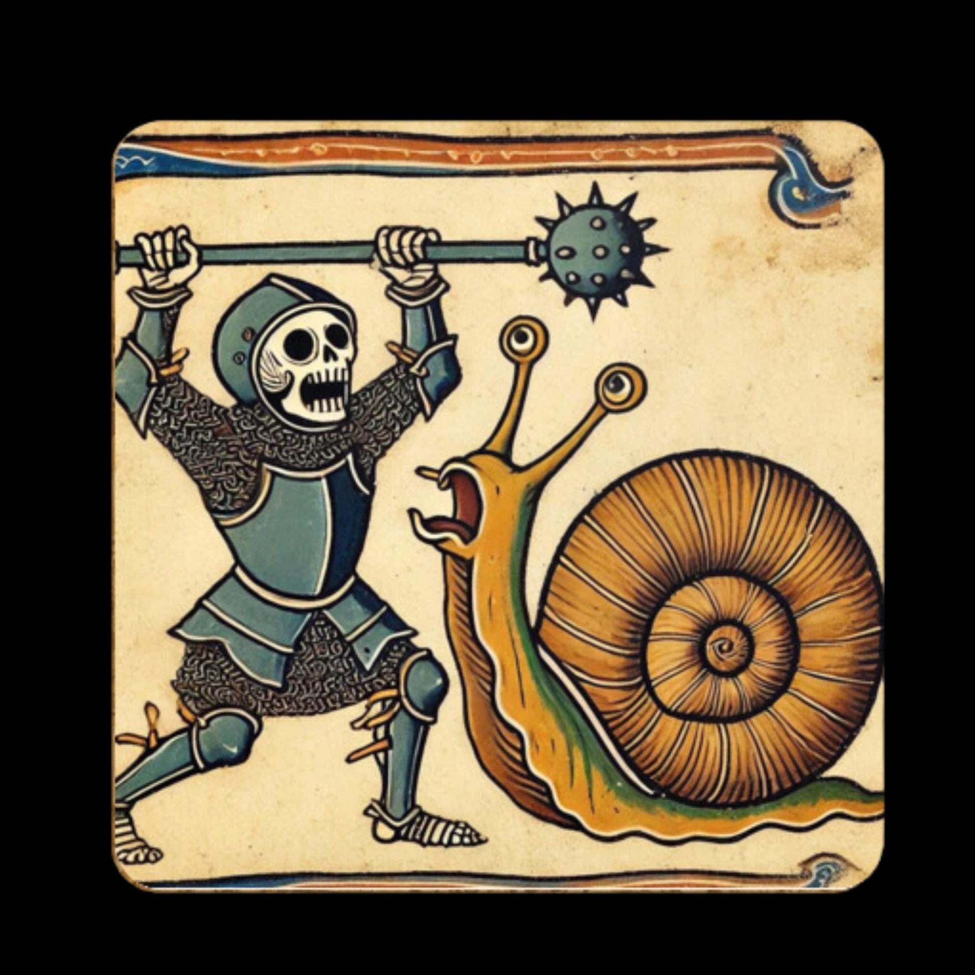 medieval gift ideas, quirky medieval art, skeleton knight design, snail warrior art, conversation starter coasters