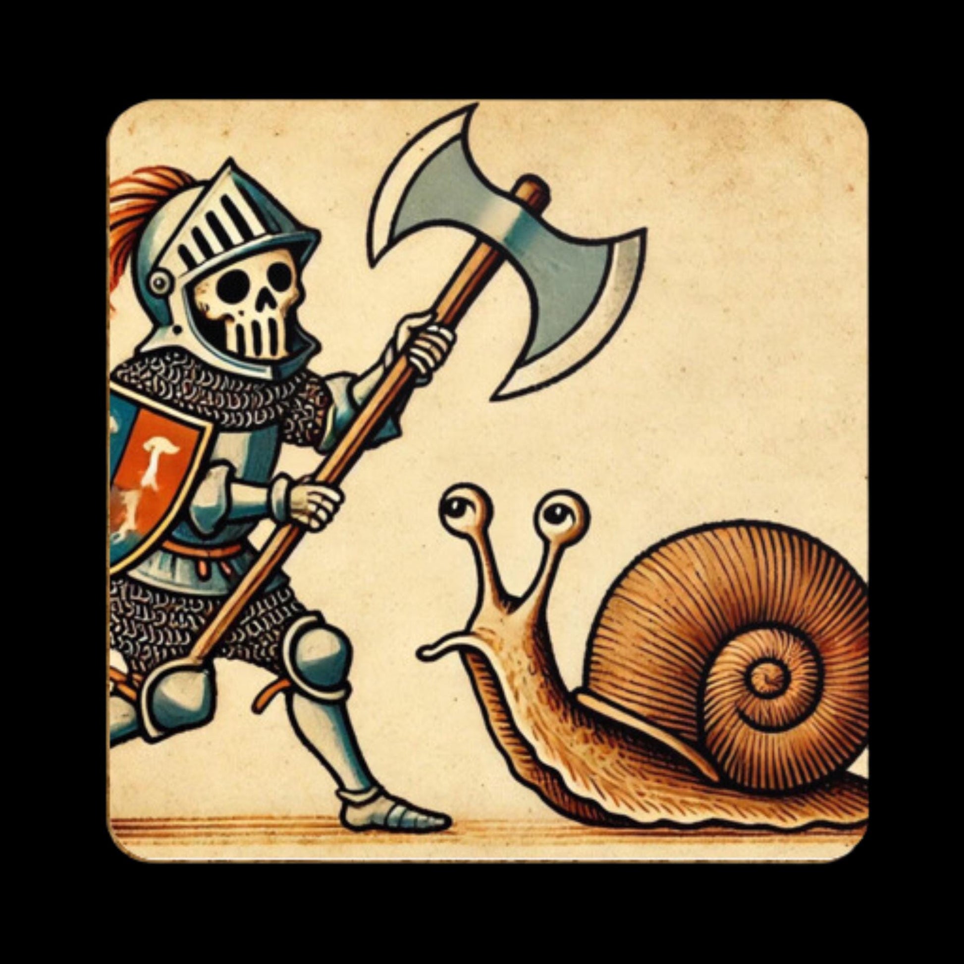 medieval fantasy, skeleton knight coasters, snail art prints, eccentric home decor, cork coasters set