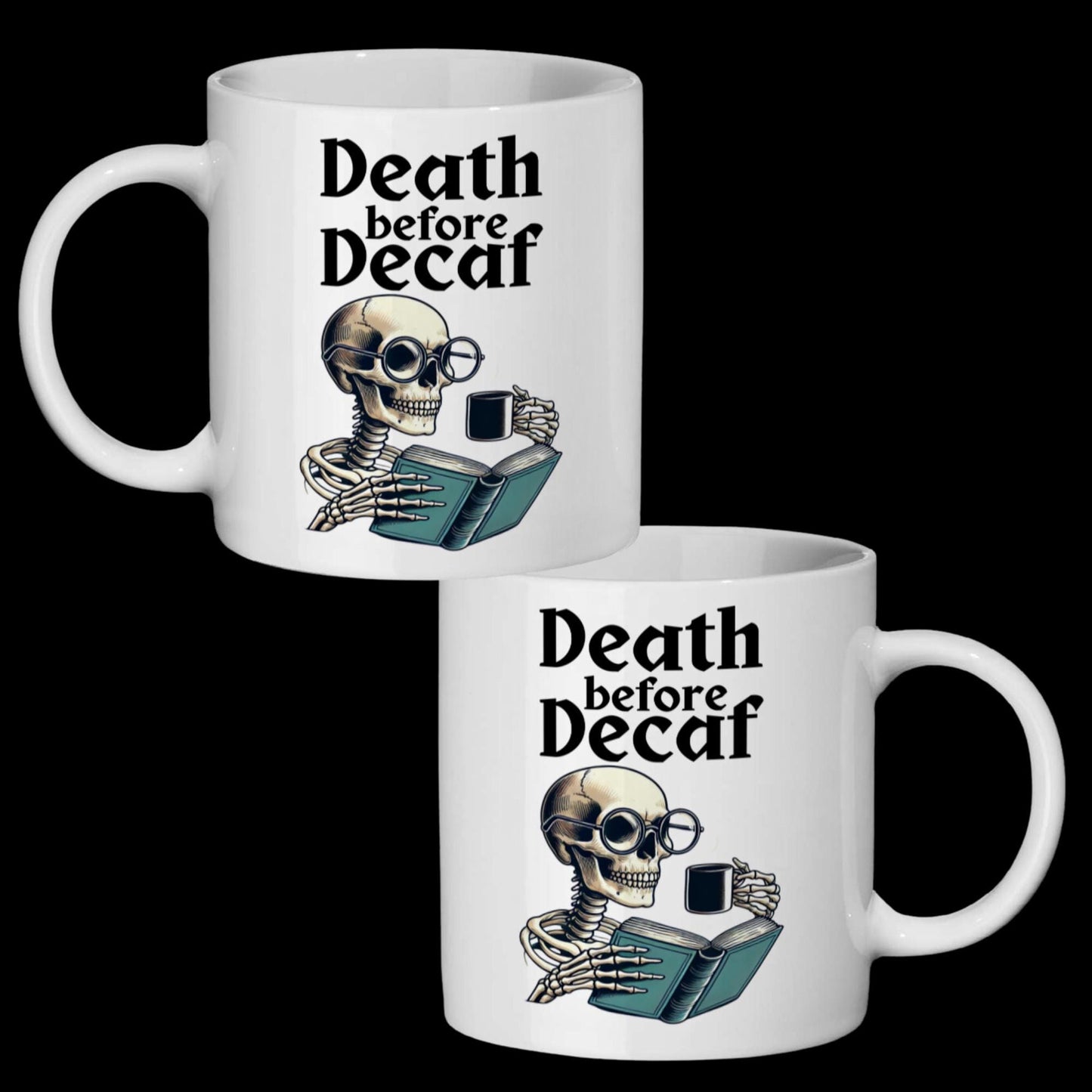 skeleton design mug, Halloween coffee lovers, ceramic Halloween mug, spooky coffee gift, death before decaf design