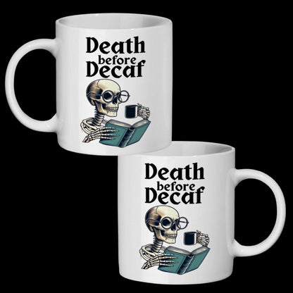 skeleton design mug, Halloween coffee lovers, ceramic Halloween mug, spooky coffee gift, death before decaf design