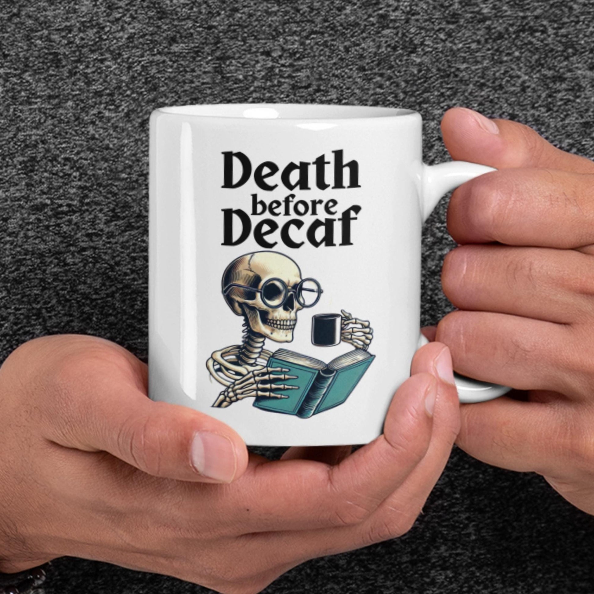 funny coffee mug, ceramic skeleton mug, unique caffeine gift, book lover coffee mug, quirky skeleton design
