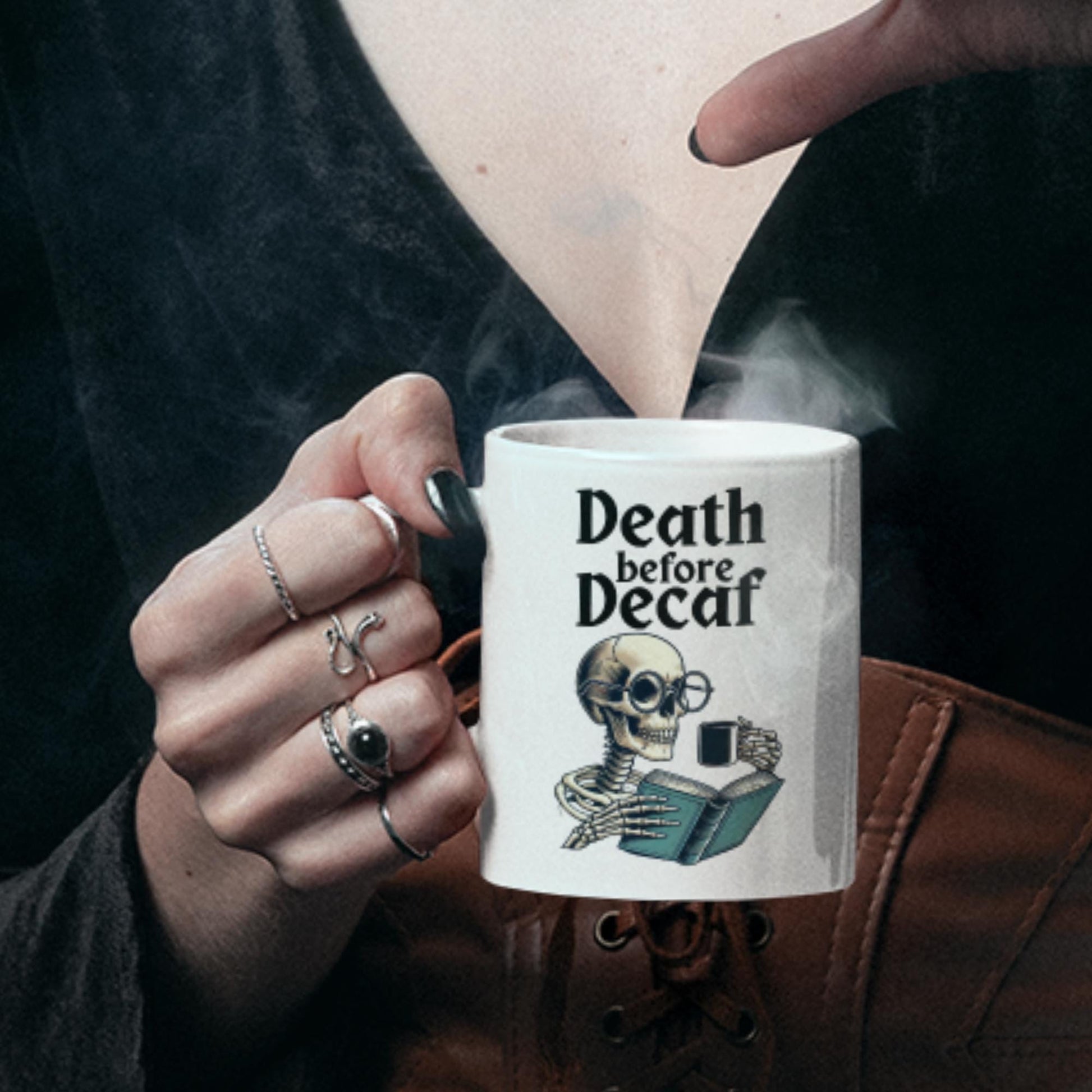 spooky mug for Halloween, gothic drinkware, coffee cup with skeleton, funny caffeine mug, skeleton artwork mug
death before decaf gift, gothic kitchen decor, quirky skeleton design