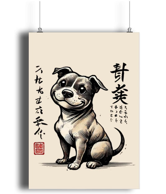 Staffordshire Bull Terrier print, Staffy art, Japanese dog illustration, Ukiyo-e dog print, Staffordshire Bull Terrier wall art