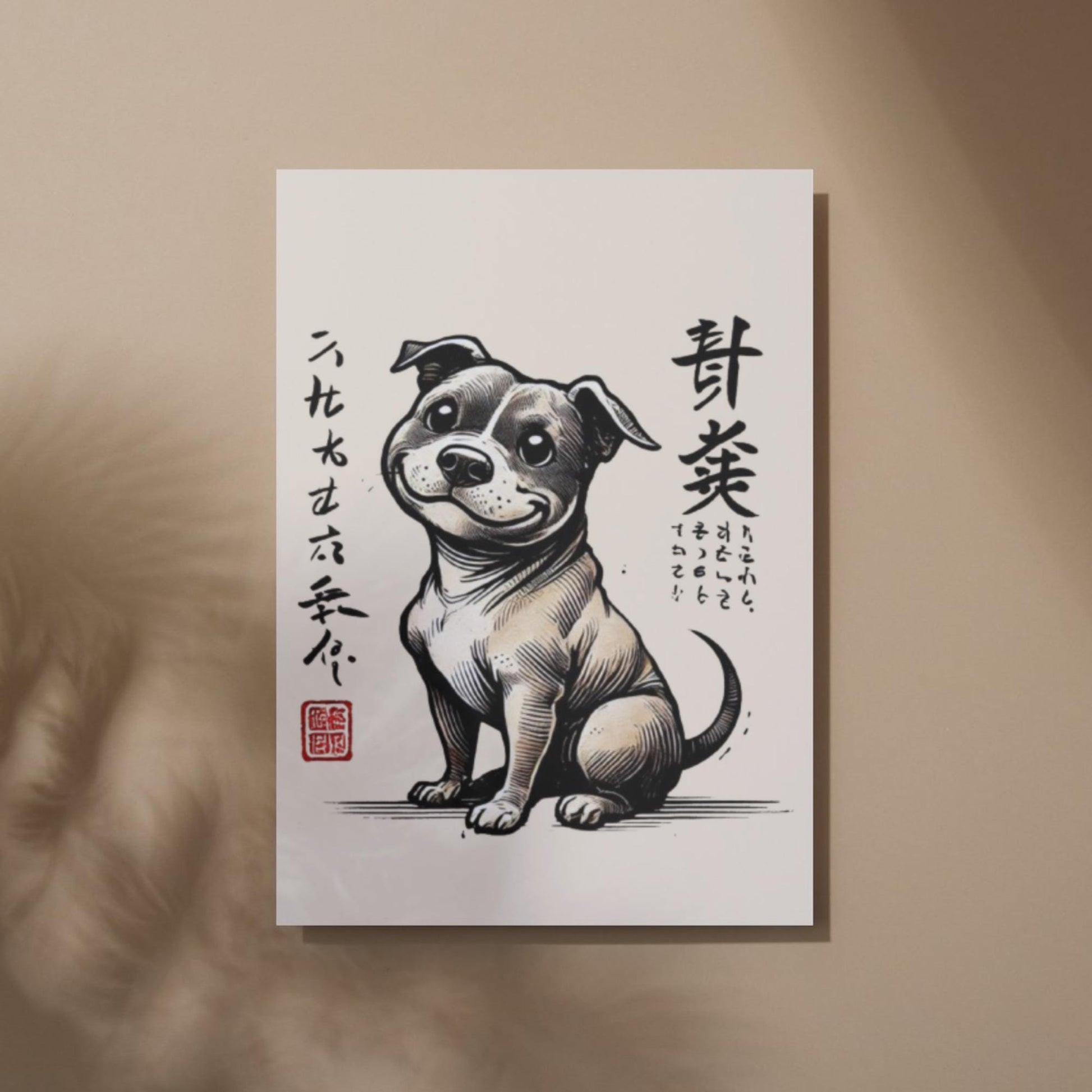 Staffordshire Bull Terrier illustration, Staffy dog print, Japanese art for dog lovers, Ukiyo-e style dog, Staffy home decor.