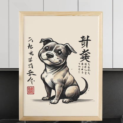 Staffy wall art, Staffordshire Bull Terrier decor print, Ukiyo-e pet art, Japanese-style animal print, Staffy artwork