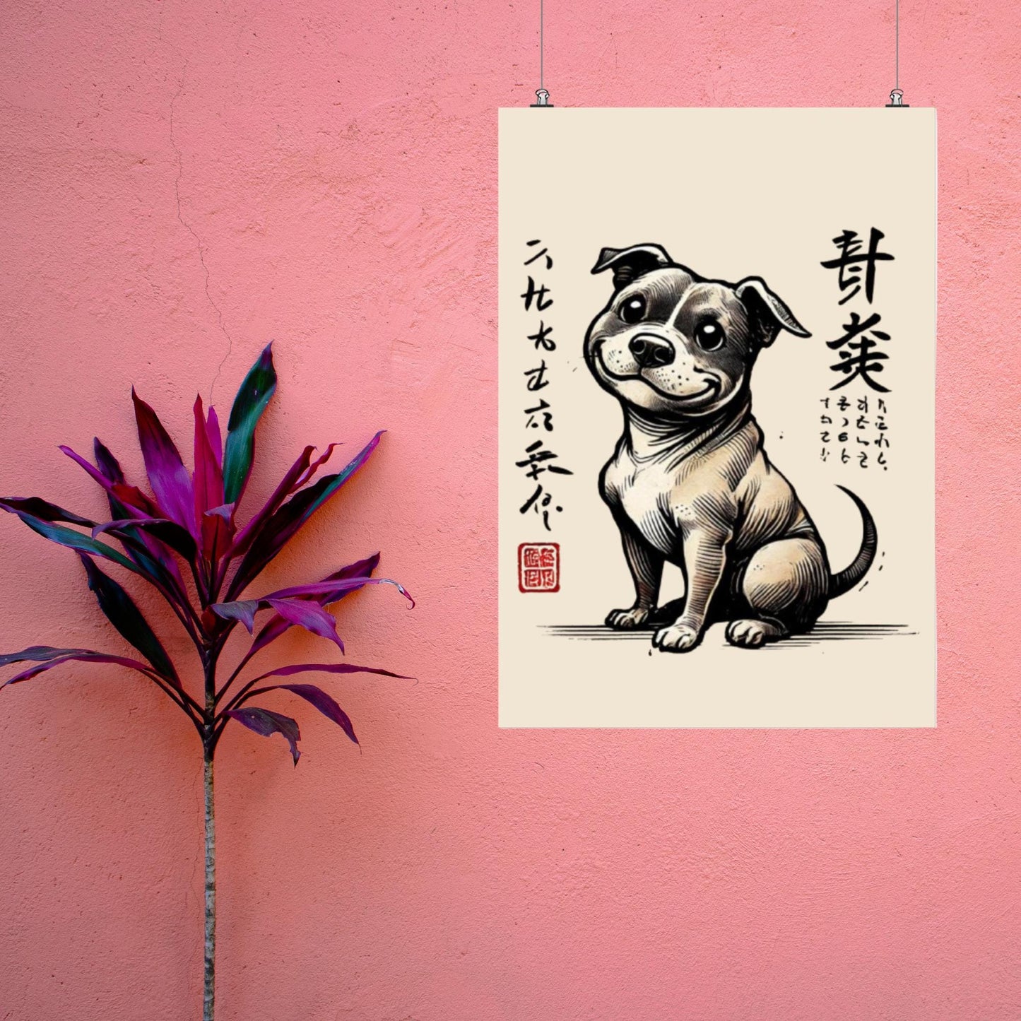 Staffy poster, Staffordshire Bull Terrier decor, Japanese-style dog print, Ukiyo-e dog art, dog lover gift