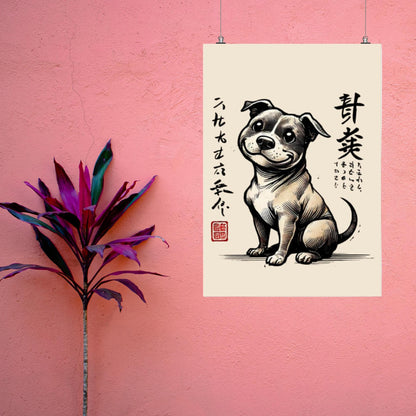 Staffy poster, Staffordshire Bull Terrier decor, Japanese-style dog print, Ukiyo-e dog art, dog lover gift