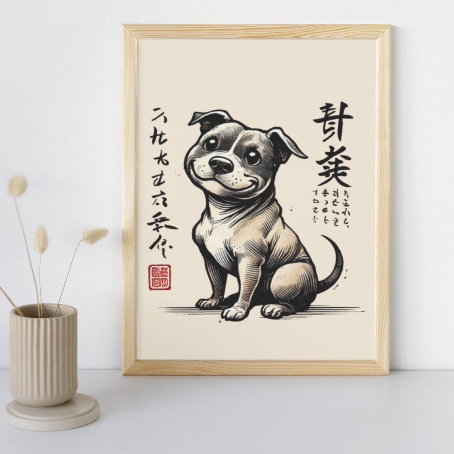Staffordshire Bull Terrier home decor, Staffy Ukiyo-e print, Japanese-inspired dog art, Staffy illustration, Ukiyo-e animal print