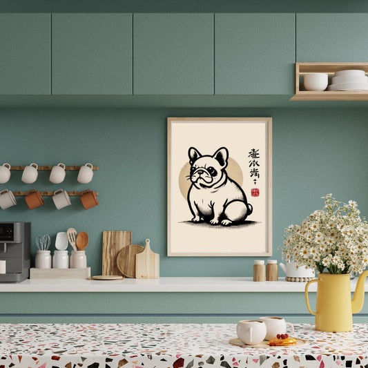 French Bulldog print, Frenchie art, Japanese dog illustration, Ukiyo-e dog print, French Bulldog wall art