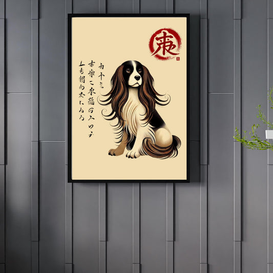 Ukiyo-e dog art, Japanese dog print, Springer Spaniel art, pet lover wall decor, dog-inspired Japanese art
