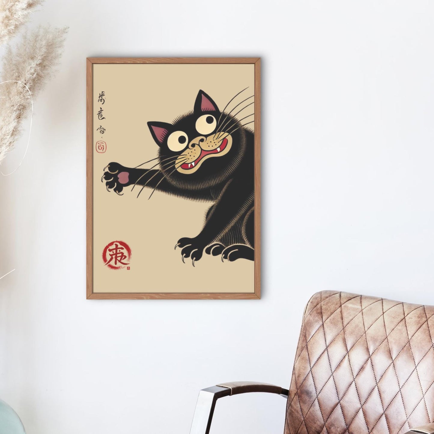 cat-themed Japanese print, modern Ukiyo-e art, Japanese black cat poster, traditional Japanese illustration, A3 cat print