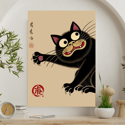 black cat poster art, Ukiyo-e inspired print, Japanese aesthetic wall art, Christmas gift for cat lover, birthday gift idea, black cat woodblock, Japanese art gift idea