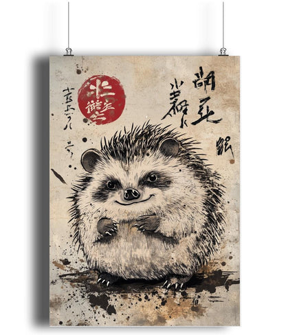 Japanese style animal art, hedgehog wall decor, unique animal prints, hedgehog lover gift, nature-inspired home decor