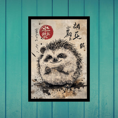 hedgehog ink wash art, nature art Japanese style, cute animal illustration, hedgehog home decor, gift for hedgehog fans