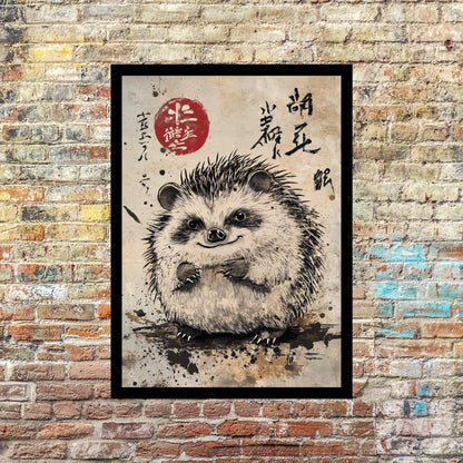 hedgehog art print A4, Japanese ink wash print, animal illustration poster, nature-themed home decor, unique hedgehog gift