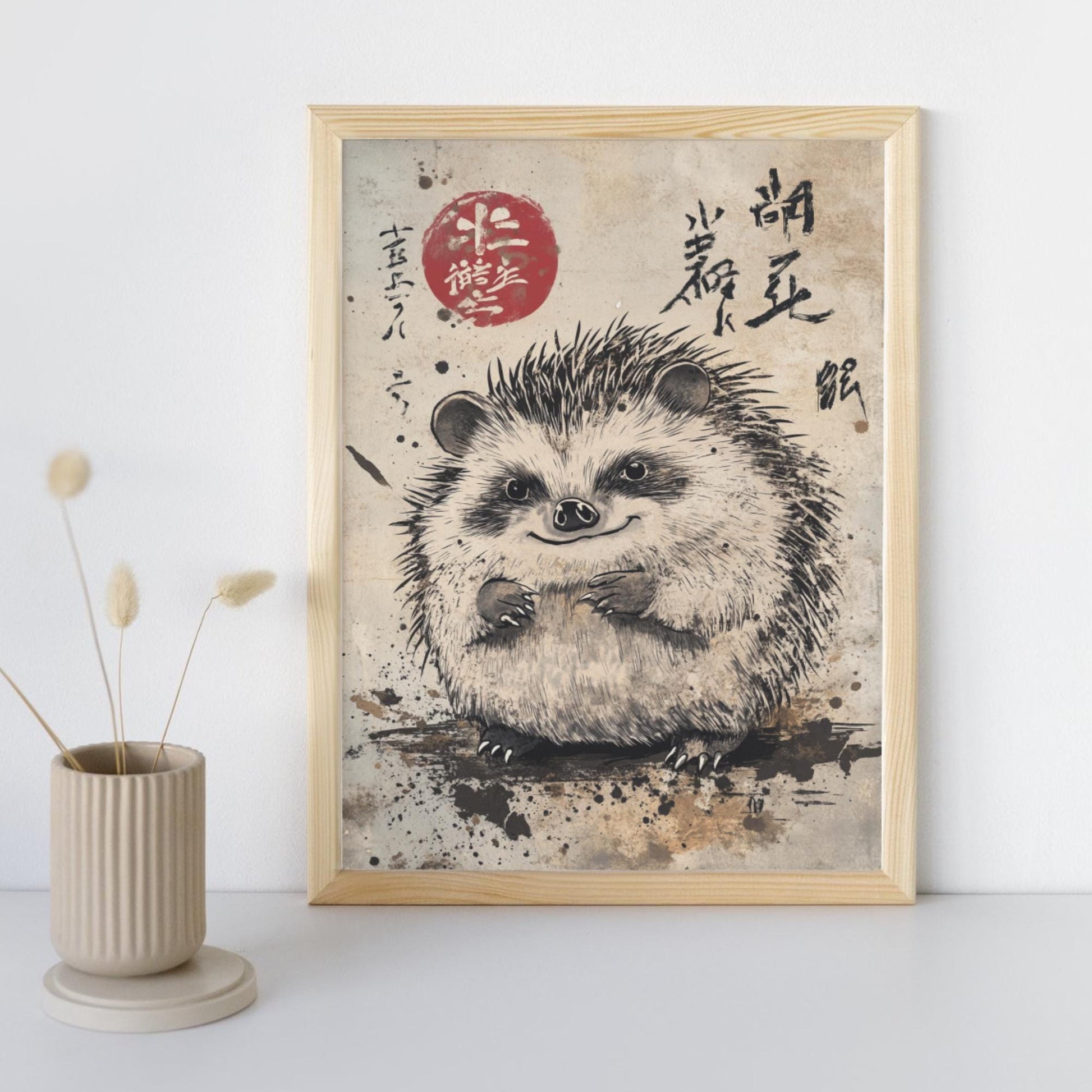 nature-inspired Japanese art, cute hedgehog decor, Ukiyo-e hedgehog poster, animal lover gift ideas, Japanese art for collectors